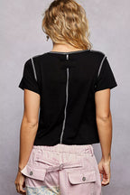 POL Contrast Stitching Round Neck Short Sleeve T-Shirt