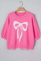 Ribbon Bow Print Contrast Stitch Trim Drop Shoulder Sweater