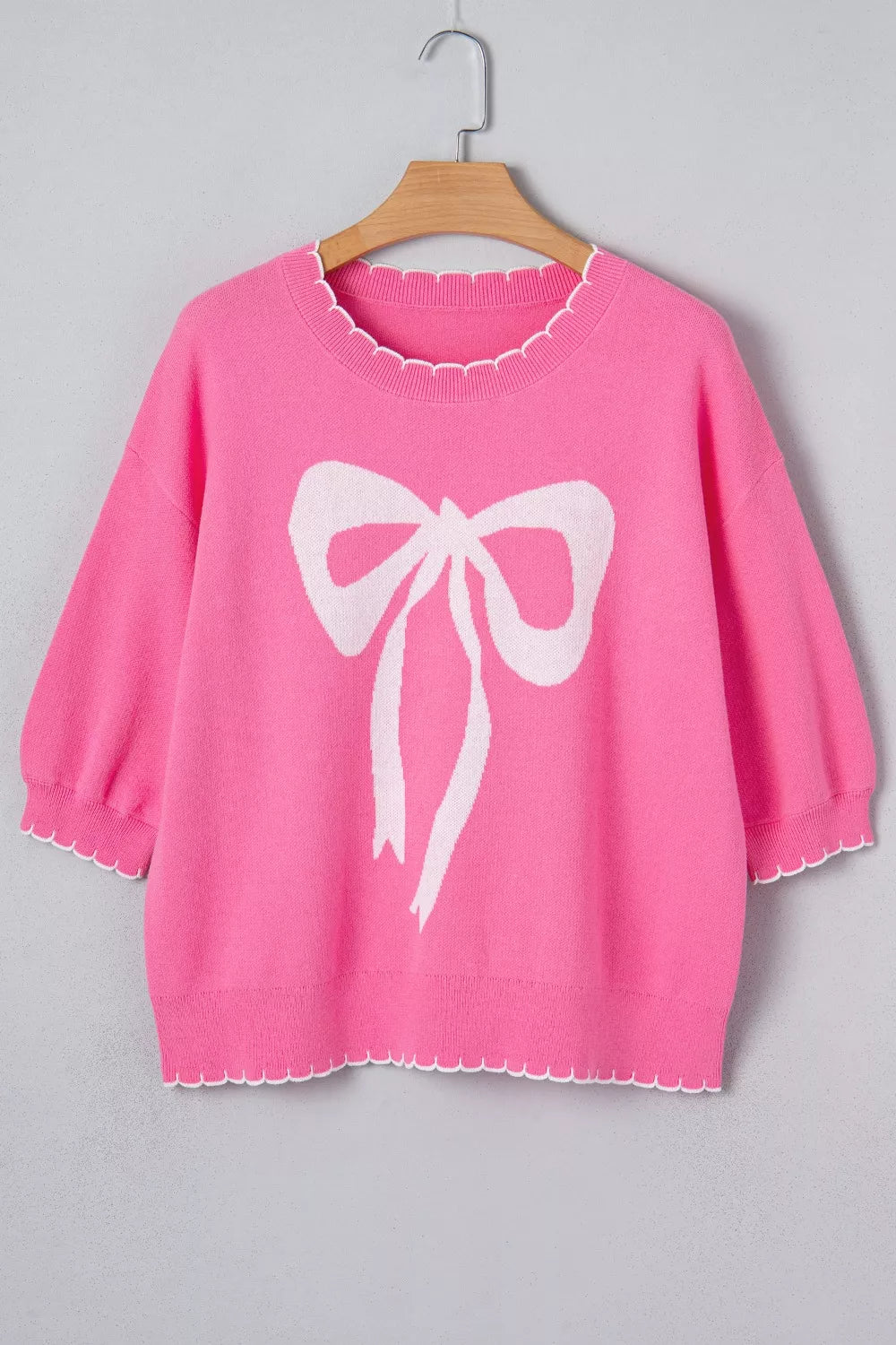 Ribbon Bow Print Contrast Stitch Trim Drop Shoulder Sweater