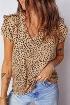 Cheeath Print Frilled V Neck Shirred Detail Short Sleeve Blouse