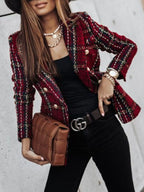 Full Size Plaid Tweed Double-Breasted Blazer Plus Size