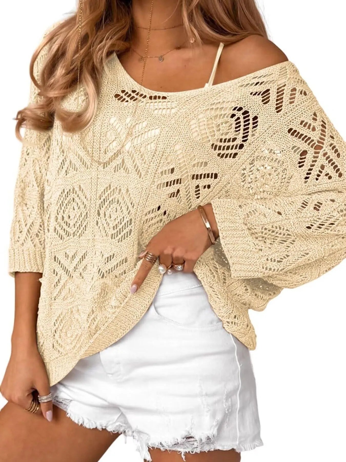 Openwork 3/4 Sleeve Knit Cover Up