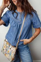 Pleated Detail Half Button Short Sleeve Denim Top