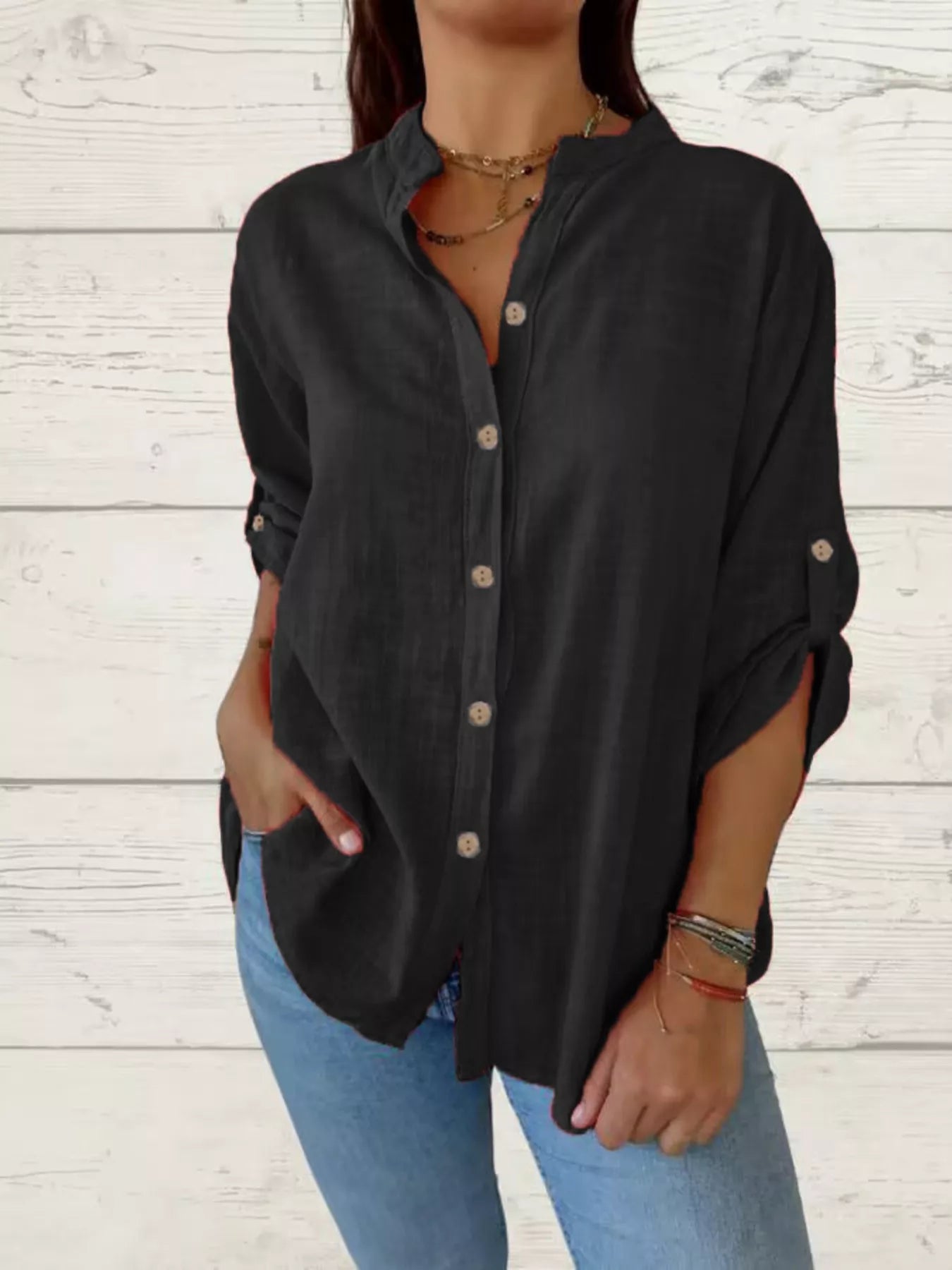 Full Size Casual Button-Down Roll-Up Sleeve Shirt Plus Size