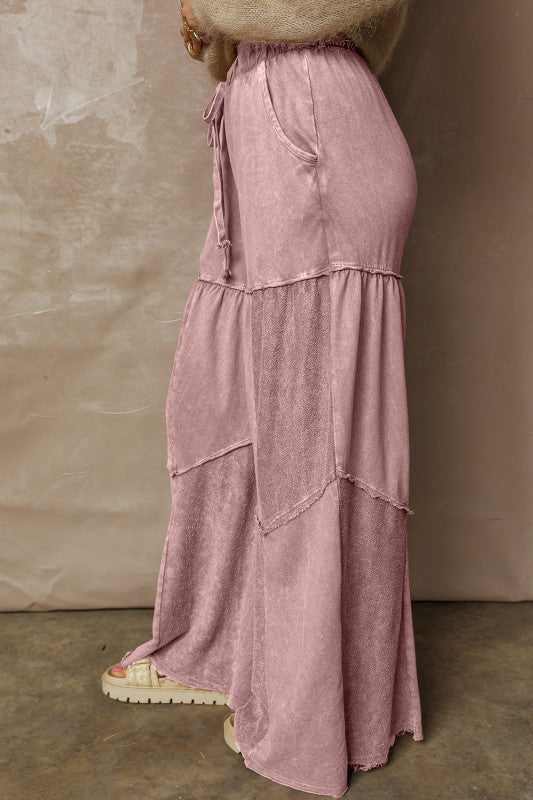 Mineral Wash Patchwork Tiered Wide Leg Pants