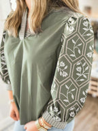 Floral Puff Sleeve Contrast V Neck Patchwork Blouse
