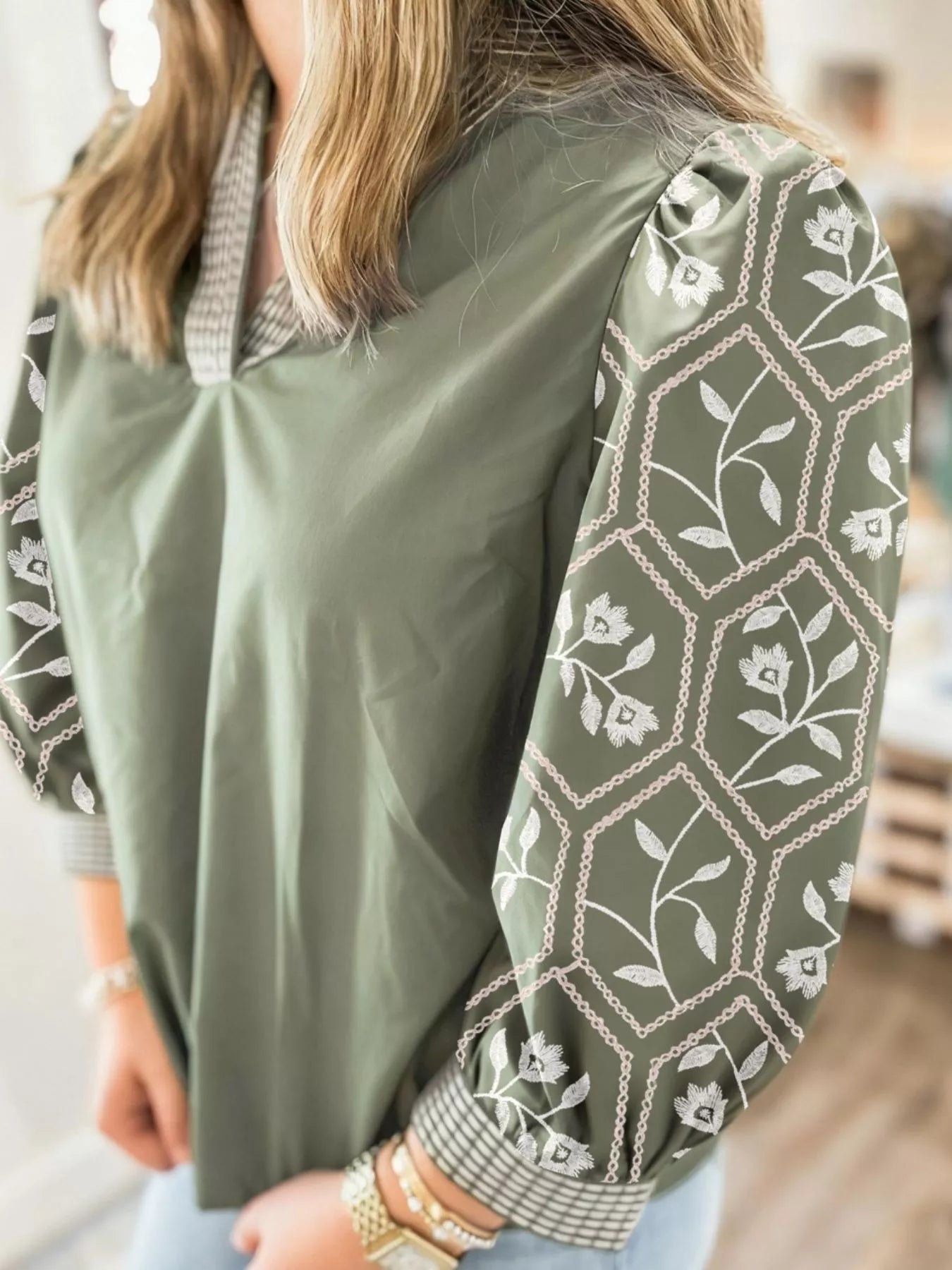 Floral Puff Sleeve Contrast V Neck Patchwork Blouse