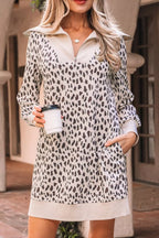 Leopard Print Zip up Collar Patchwork Shift Mini Dress