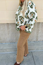 Plus Size Floral Printed Contrast Patchwork Detail Tassel Tie 3/4 Sleeve Blouse