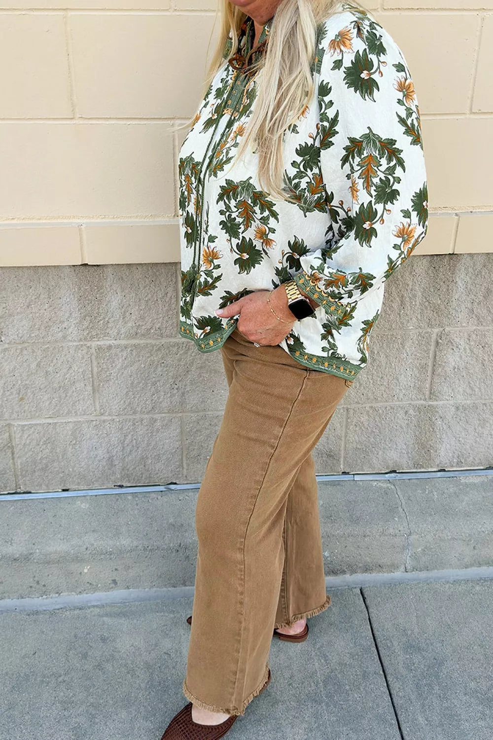 Plus Size Floral Printed Contrast Patchwork Detail Tassel Tie 3/4 Sleeve Blouse
