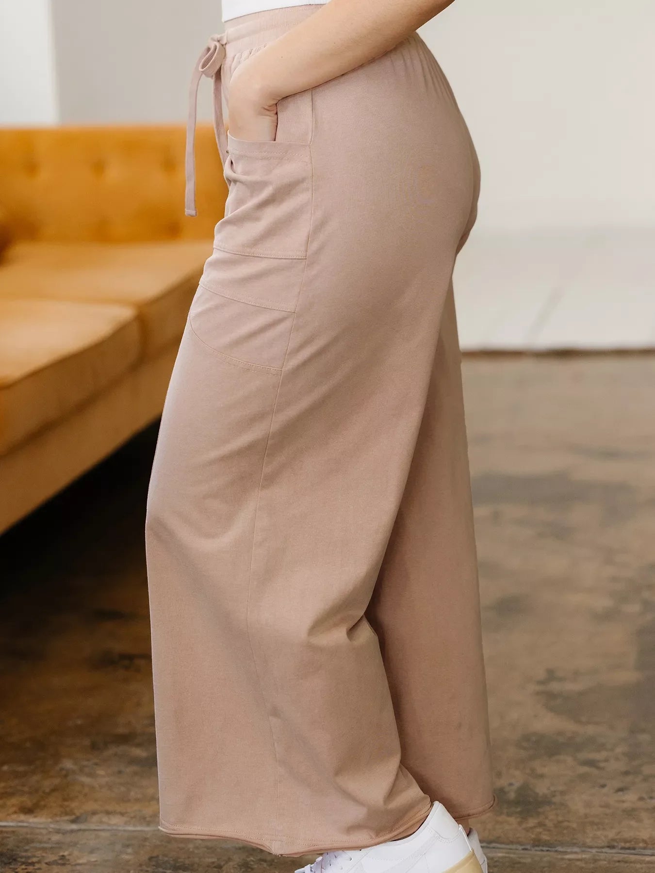 Solid Color Mineral Wash Piping Trim Pocketed Wide Leg Pants