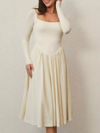 Square Neck Long Sleeve Midi Dress
