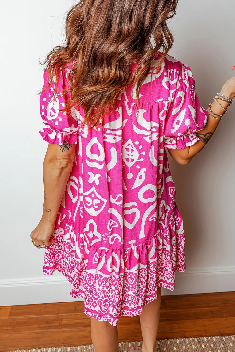Mixed Print Contrast Trim V Neck Short Sleeve Flared Dress