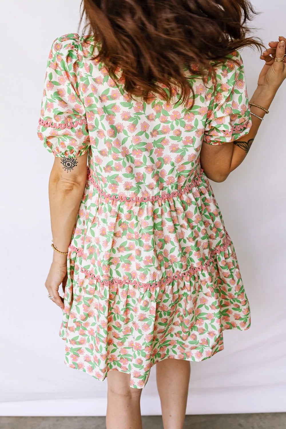 Contrast Neckline Ricrac Trim Floral Short Puff Sleeve Dress
