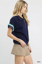 Umgee Zip Front Casual Top with Contrast Stripe Trim