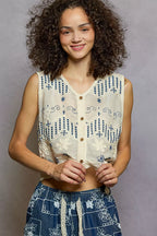 POL Embroidered Floral Cropped Crochet Vest