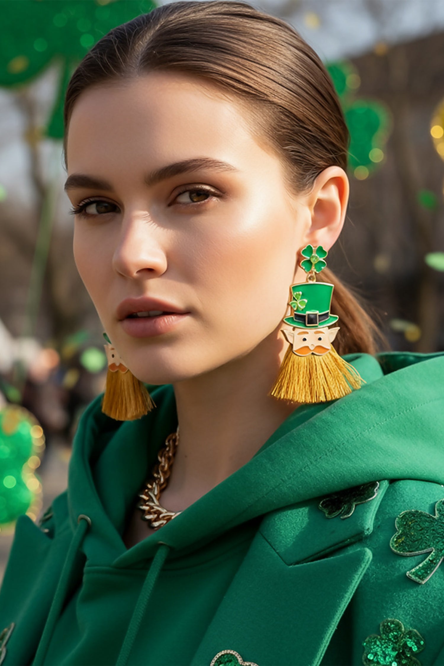 Green St Patricks Day Clover Leprechaun Tassel Drop Earrings