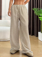 Full Size Striped Drawstring Waist Wide Leg Pants Plus Size
