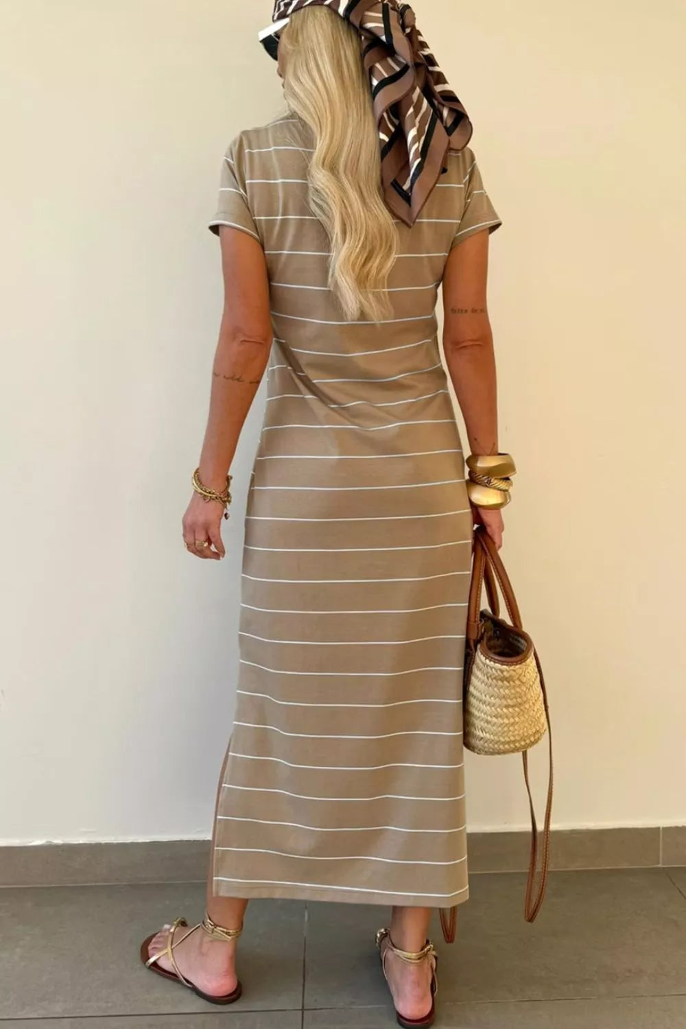 Casual Striped Side Slit Midi Dress