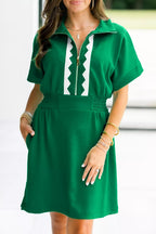 Contrast Patchwork Half Zip Elastic Waist Short Sleeve Mini Dress