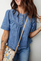 Pleated Detail Half Button Short Sleeve Denim Top