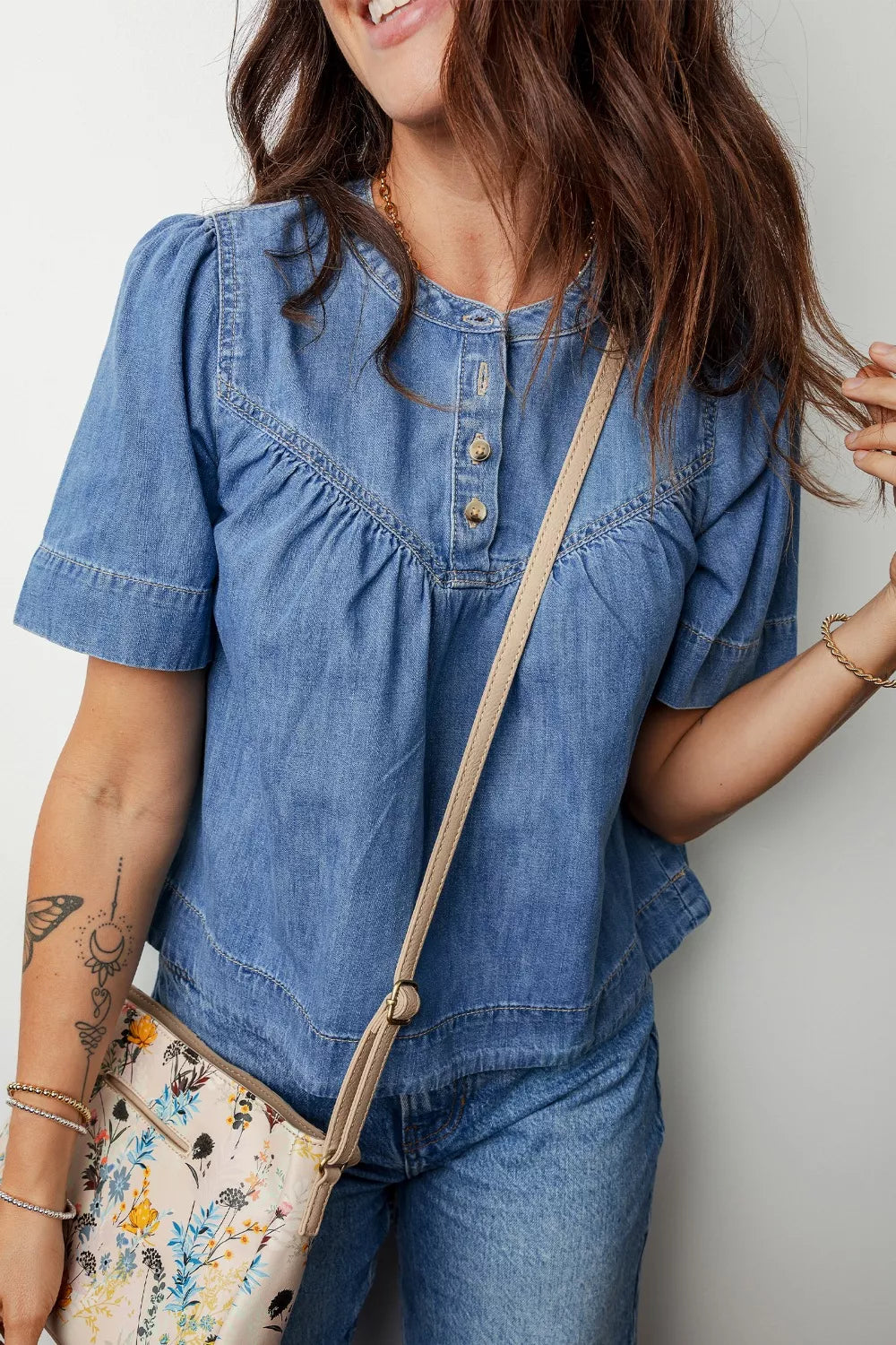 Pleated Detail Half Button Short Sleeve Denim Top
