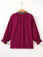 Leopard Trim V Neck Flounced Bracelet Sleeve Blouse