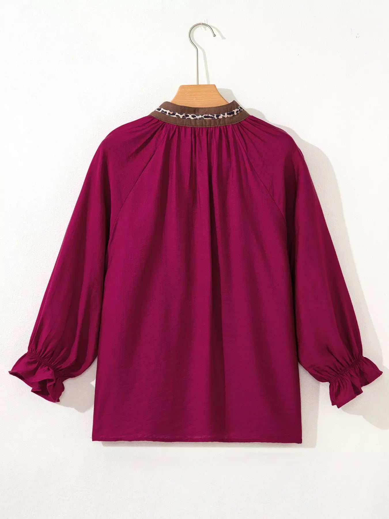 Leopard Trim V Neck Flounced Bracelet Sleeve Blouse