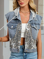 Leopard Button Up Hooded Denim Vest