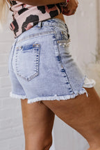 Pearl Studded Pockets Raw Hem Denim Shorts
