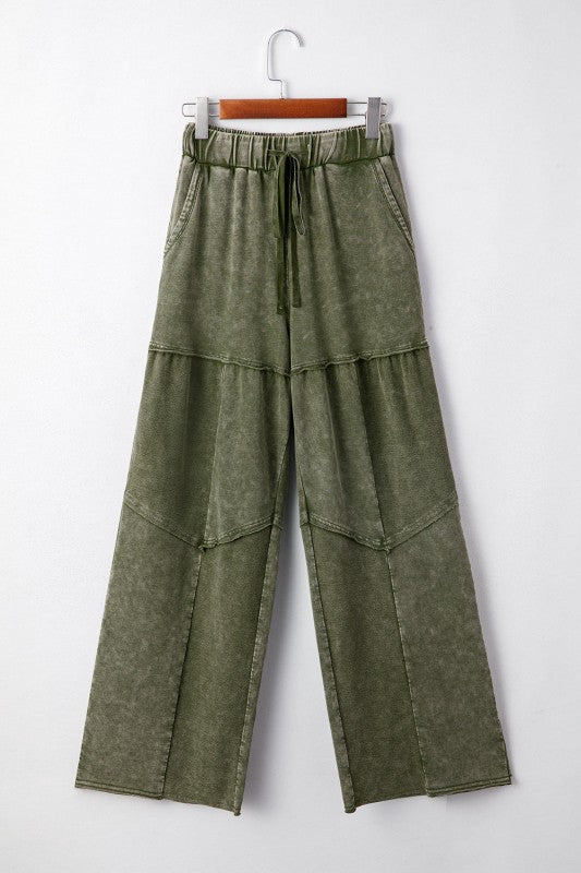 Mineral Wash Patchwork Tiered Wide Leg Pants