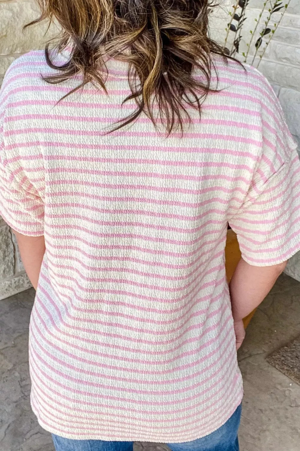 Plus Size Stripe Plus Size V Neck Exposed Seam Patchwork T Shirt