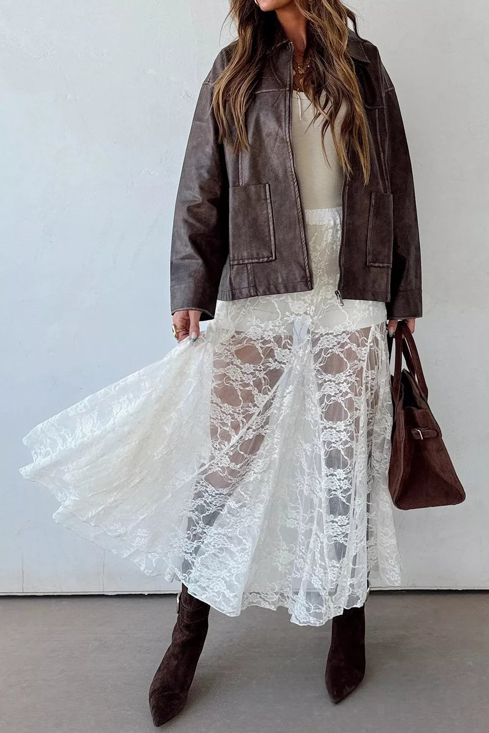 Sheer Floral Lace Flowy Maxi Skirt