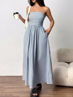 Striped Strapless Casual Maxi Dress