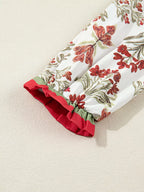 Floral Print Contrast Trim Frilled Neck Long Sleeve Flared Dress