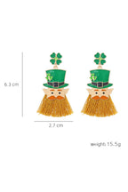 Green St Patricks Day Clover Leprechaun Tassel Drop Earrings