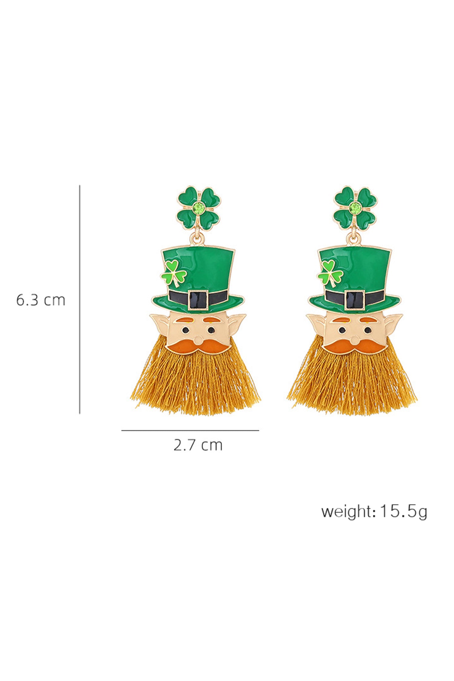 Green St Patricks Day Clover Leprechaun Tassel Drop Earrings