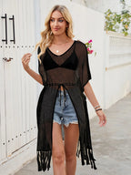 Openwork Fringe Slit Front Knit Cover Up