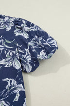 Floral Print Short Puff Sleeve Striped Trim V Neck Blouse