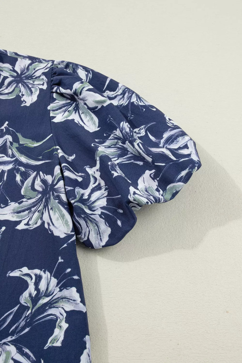 Floral Print Short Puff Sleeve Striped Trim V Neck Blouse