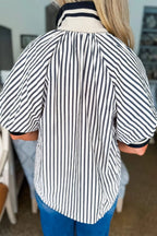 Striped Zipper Front Puff Sleeve Blouse
