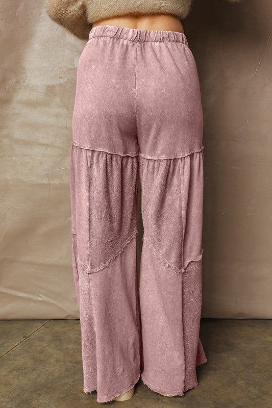 Mineral Wash Patchwork Tiered Wide Leg Pants