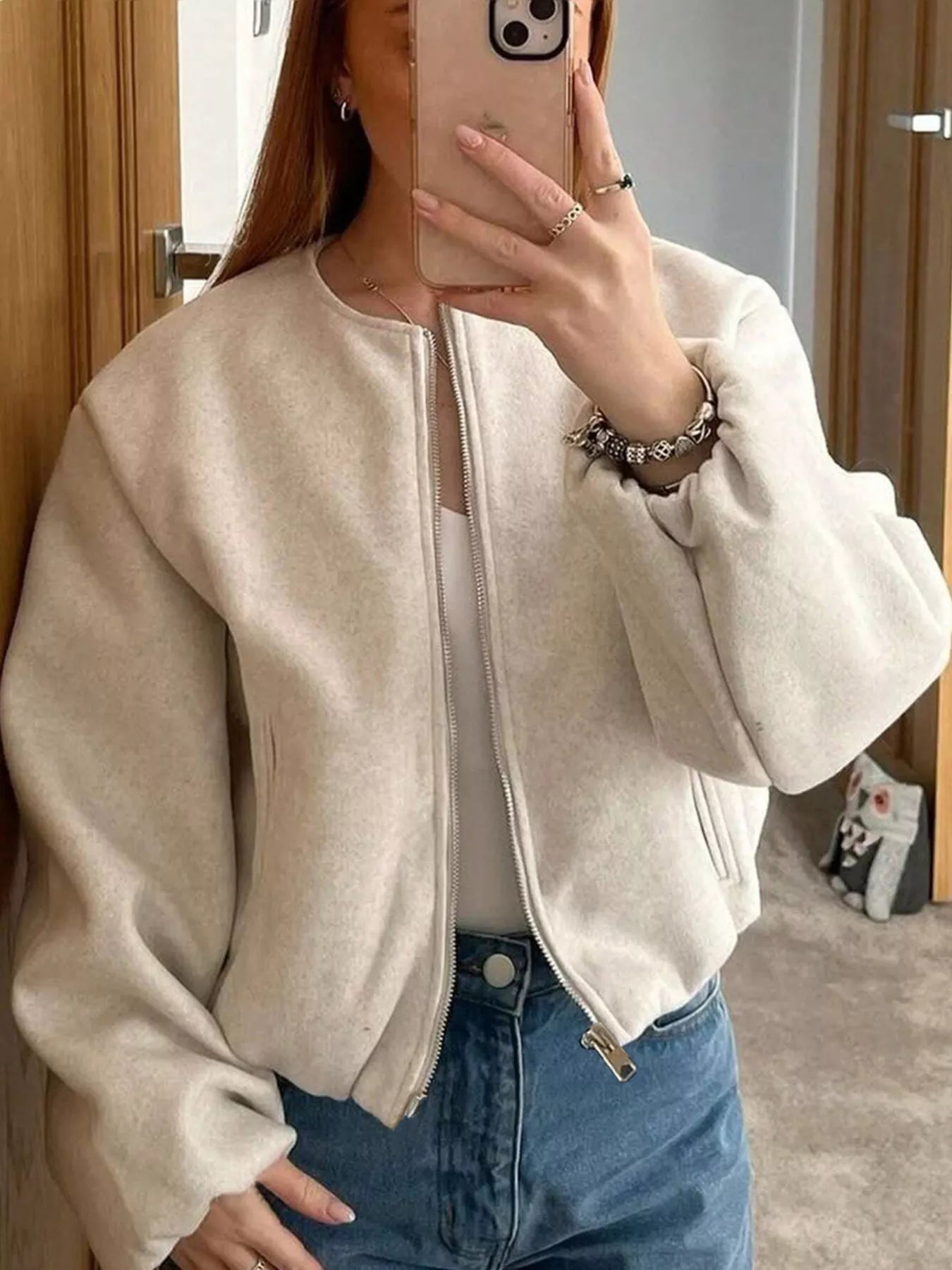 Plus Size Casual Fleece Zip-Up Bomber Jacket