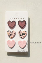 Light Pink Glitter Leopard Heart 3 Pairs Studded Earrings Set
