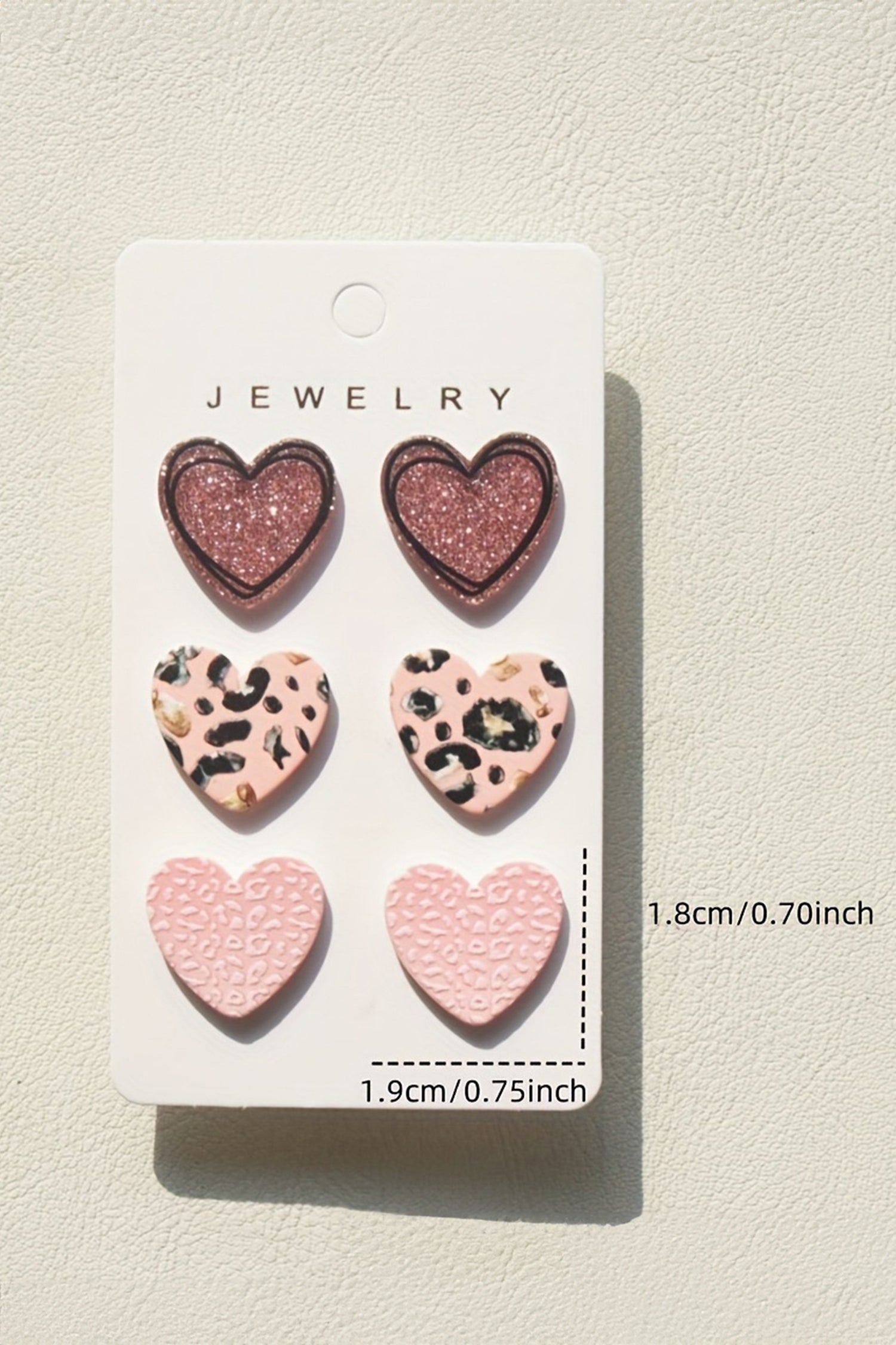 Light Pink Glitter Leopard Heart 3 Pairs Studded Earrings Set