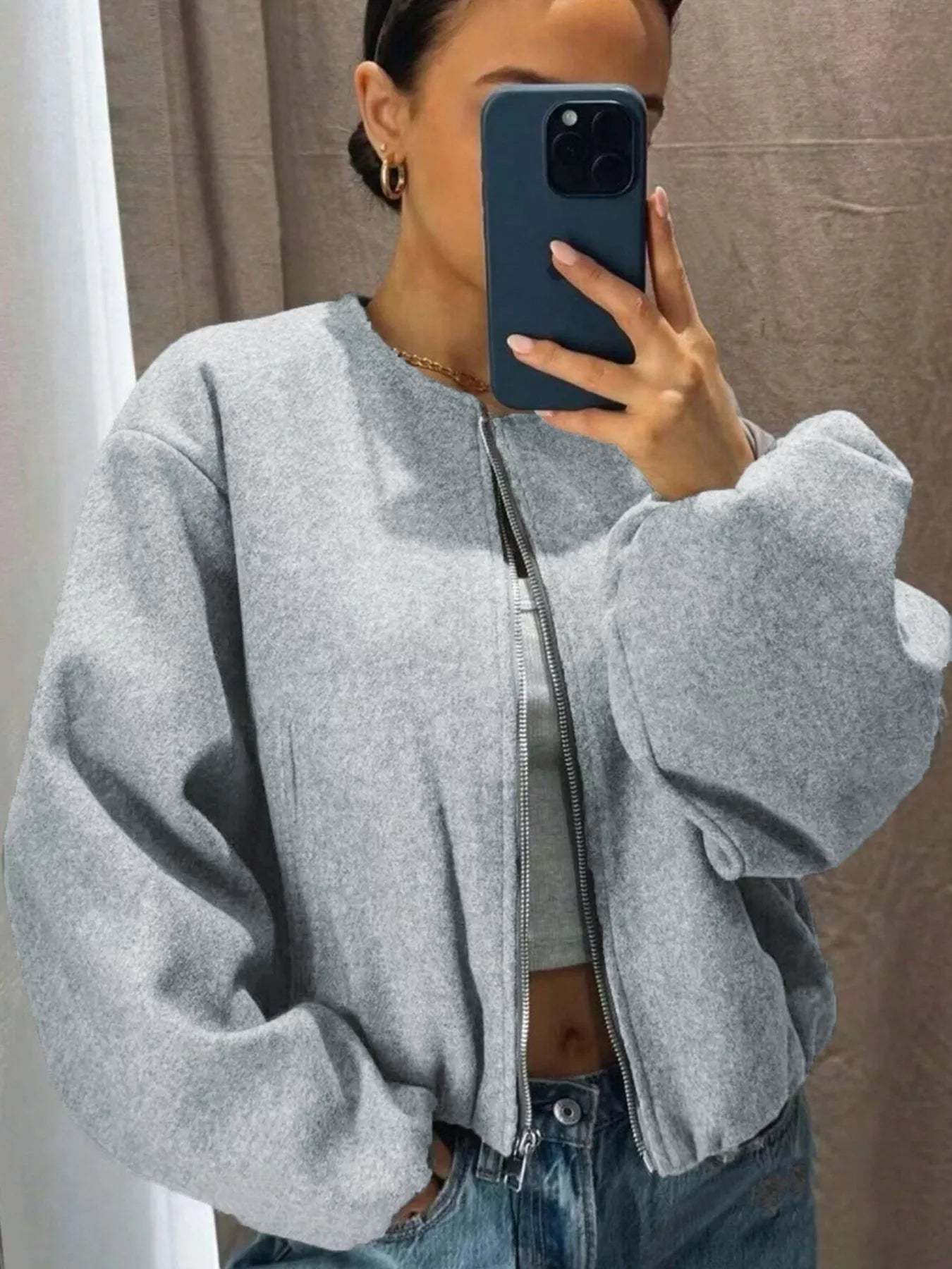 Plus Size Casual Fleece Zip-Up Bomber Jacket