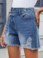 Distressed Raw Hem Asymmetrical Waist Denim Shorts