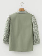 Floral Puff Sleeve Contrast V Neck Patchwork Blouse