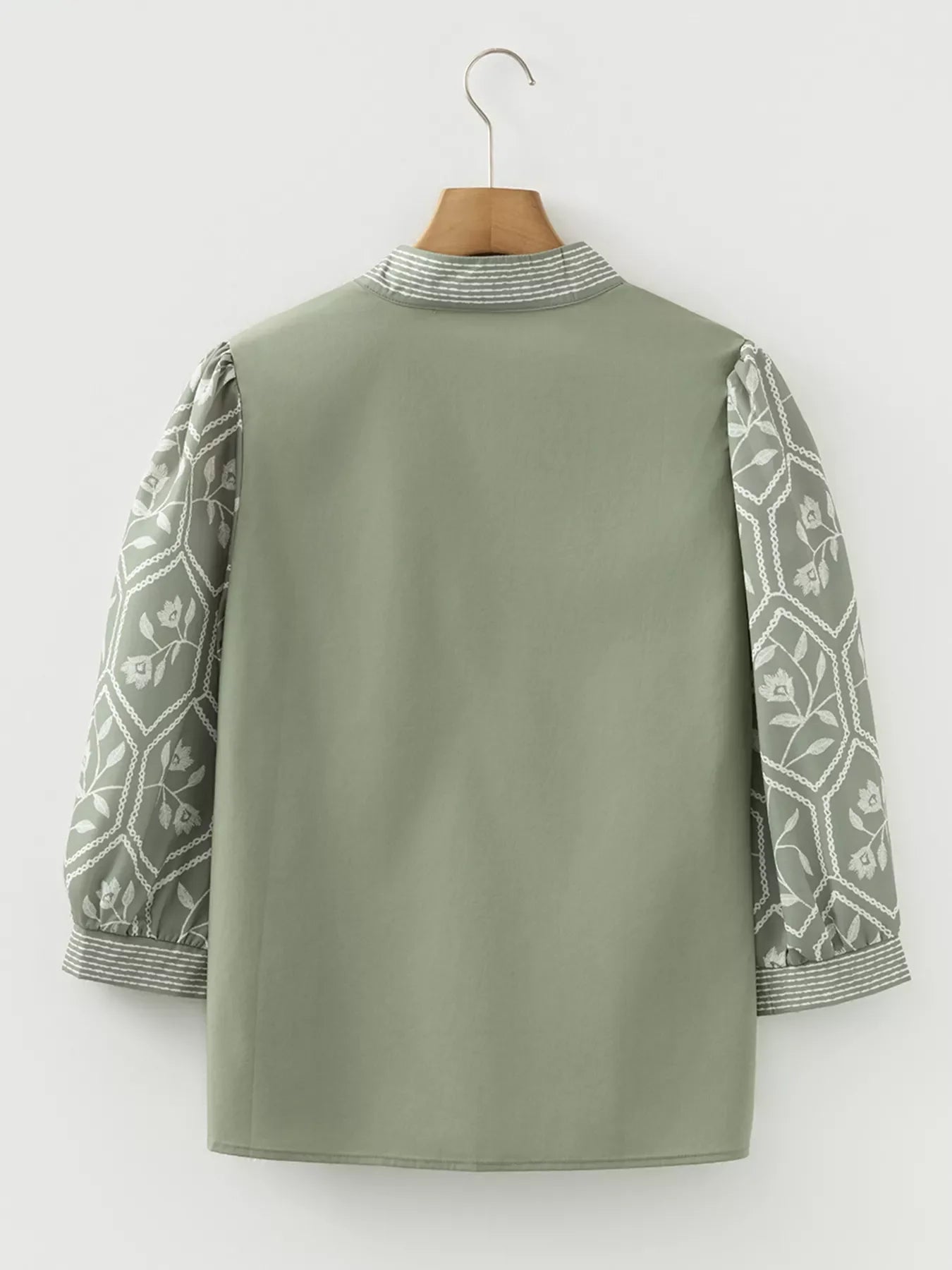 Floral Puff Sleeve Contrast V Neck Patchwork Blouse