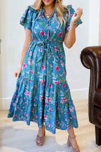 Floral Flutter Sleeve Button Tie Split Neck Belted Dress